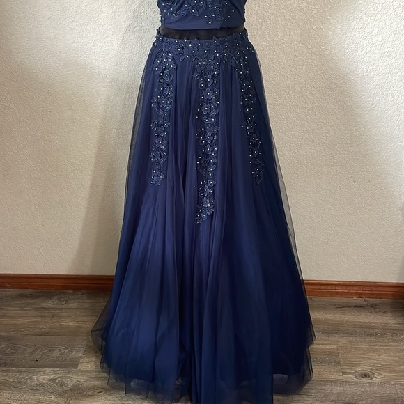Say Yes To The Prom Navy Blue Lace Halter Dress - Picture 3 of 15